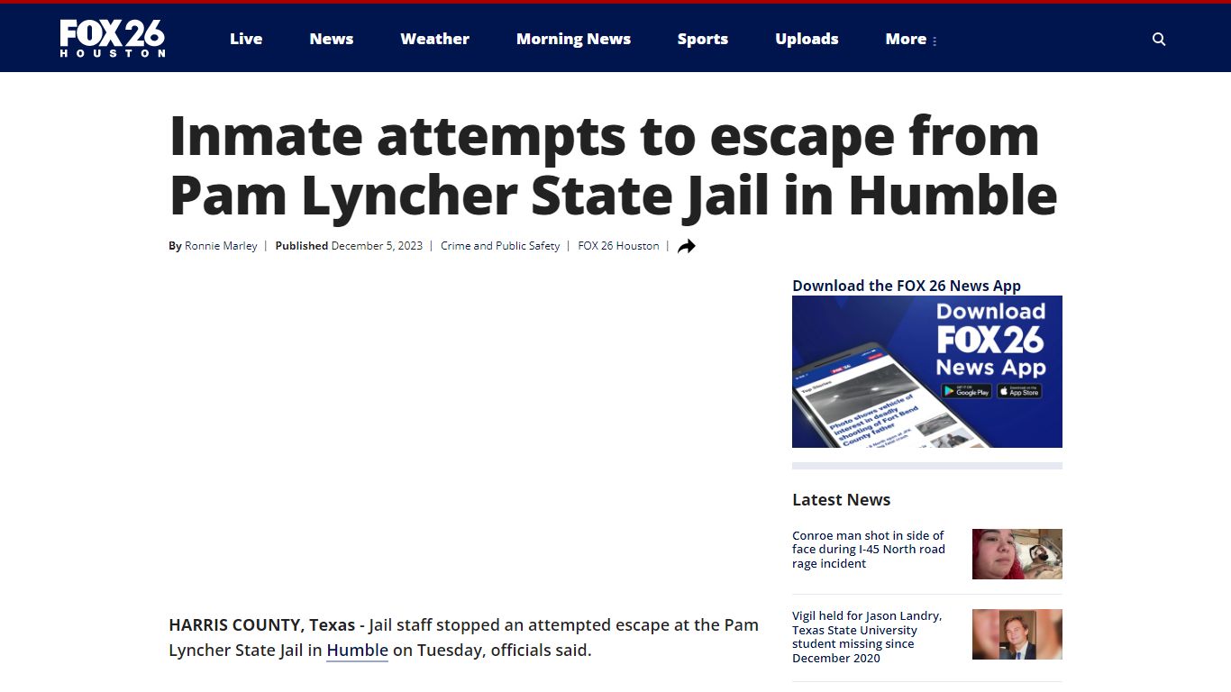 Inmate attempts to escape from Pam Lyncher State Jail in Humble